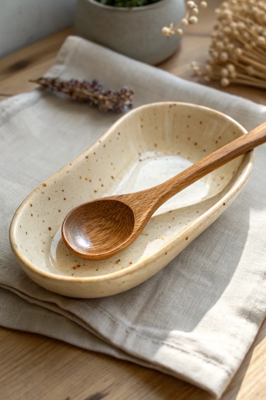 A glossy thumb-notch spoon rest that actually catches drips in calm Scandi-boho style.
