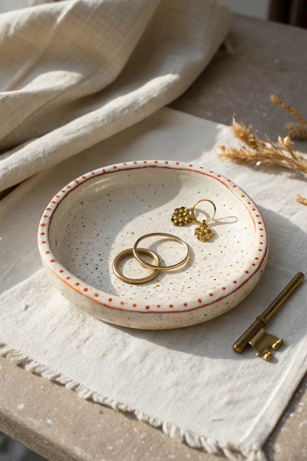 Easy beginner side plate with a painted rim, styled as a simple catchall in soft neutrals.
