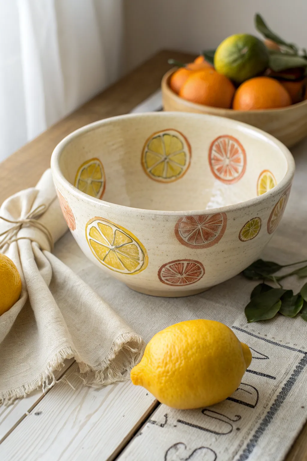 Sunny citrus slice motifs brighten a minimalist painted fruit bowl with fresh lemon and orange accents.