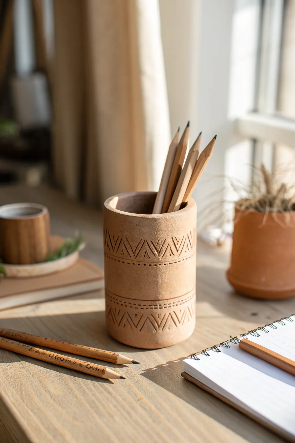 Rustic carved clay pencil cup, minimalist and warm, a simple desk upgrade for creative days