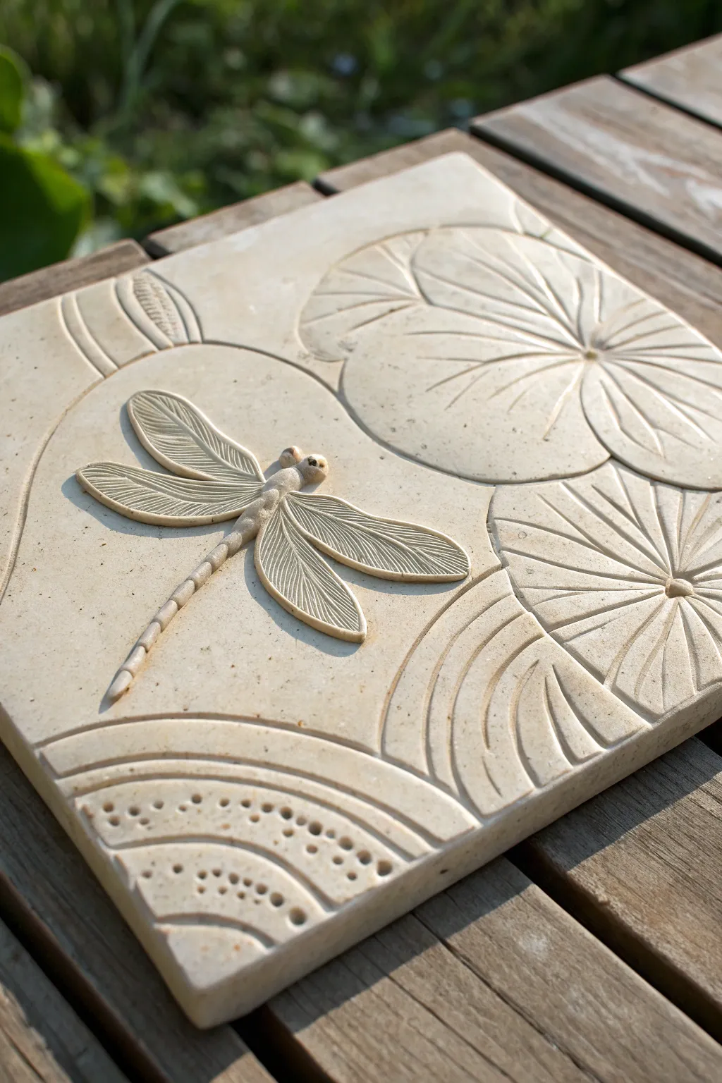 Dragonfly and lily pad clay relief with side light to highlight texture, overlap, and calm ripples.