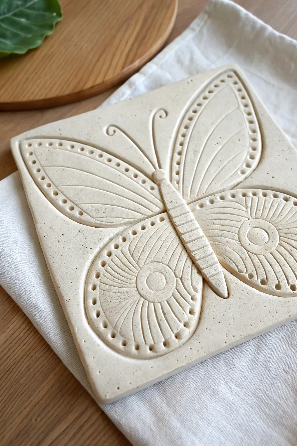 Minimal butterfly wing relief plaque with easy texture patterns and crisp shadowed detail