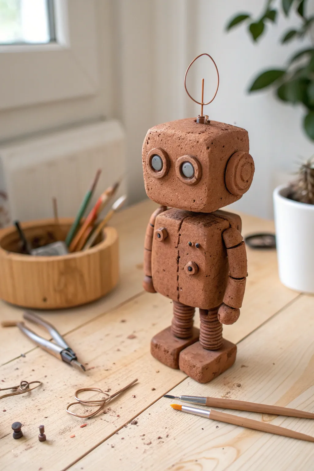 Rustic clay junk bot with mixed hardware accents, minimalist styling and warm workshop vibes.