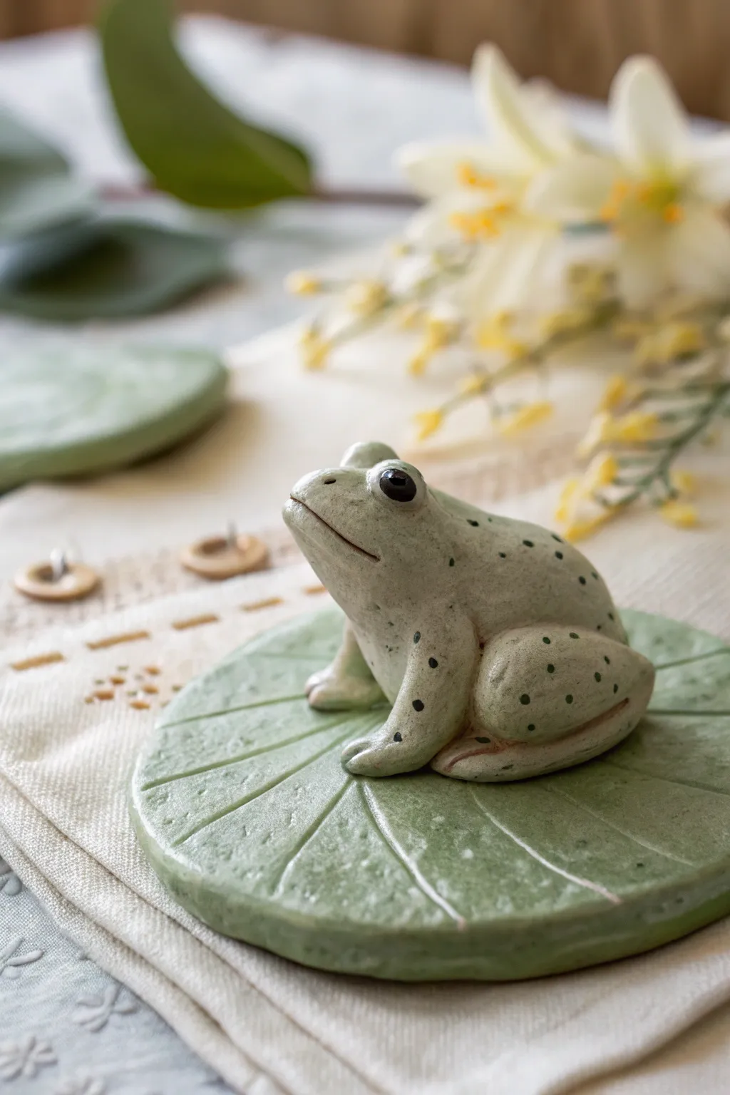 Mini clay frog on a lily pad, simple and sweet, styled in soft Scandinavian greens.