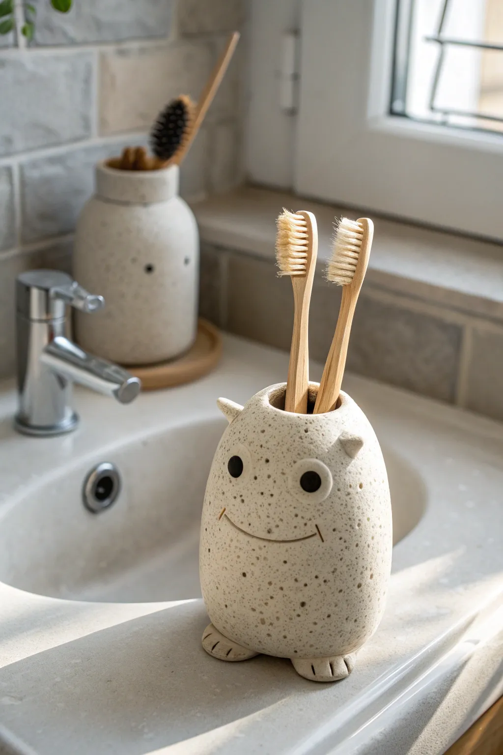 Beginner-friendly clay creature toothbrush holder, cute and minimalist for a calm bathroom vibe.