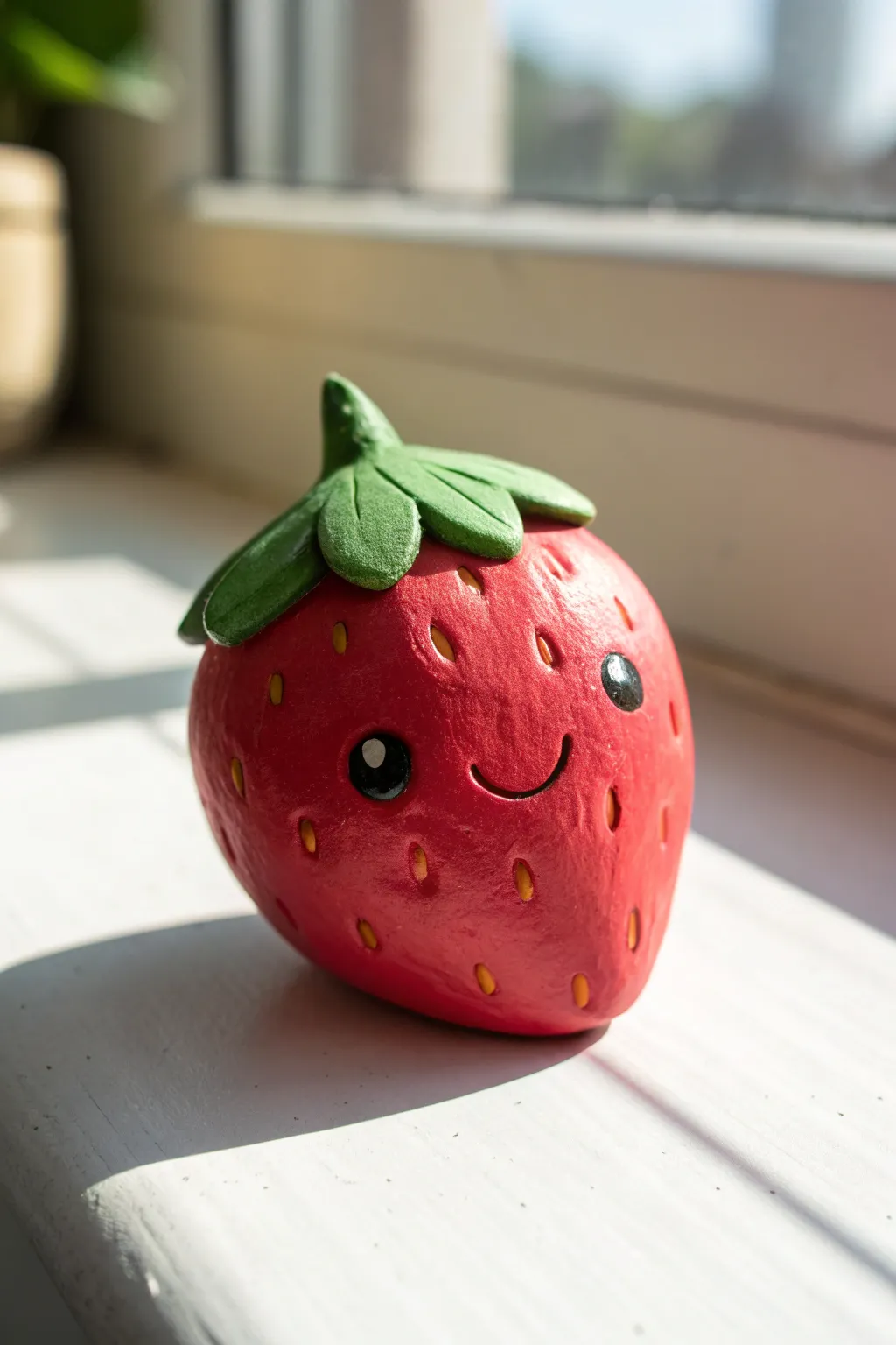 Sweet clay strawberry smiley, a simple kid-friendly sculpture styled in minimalist Scandinavian calm