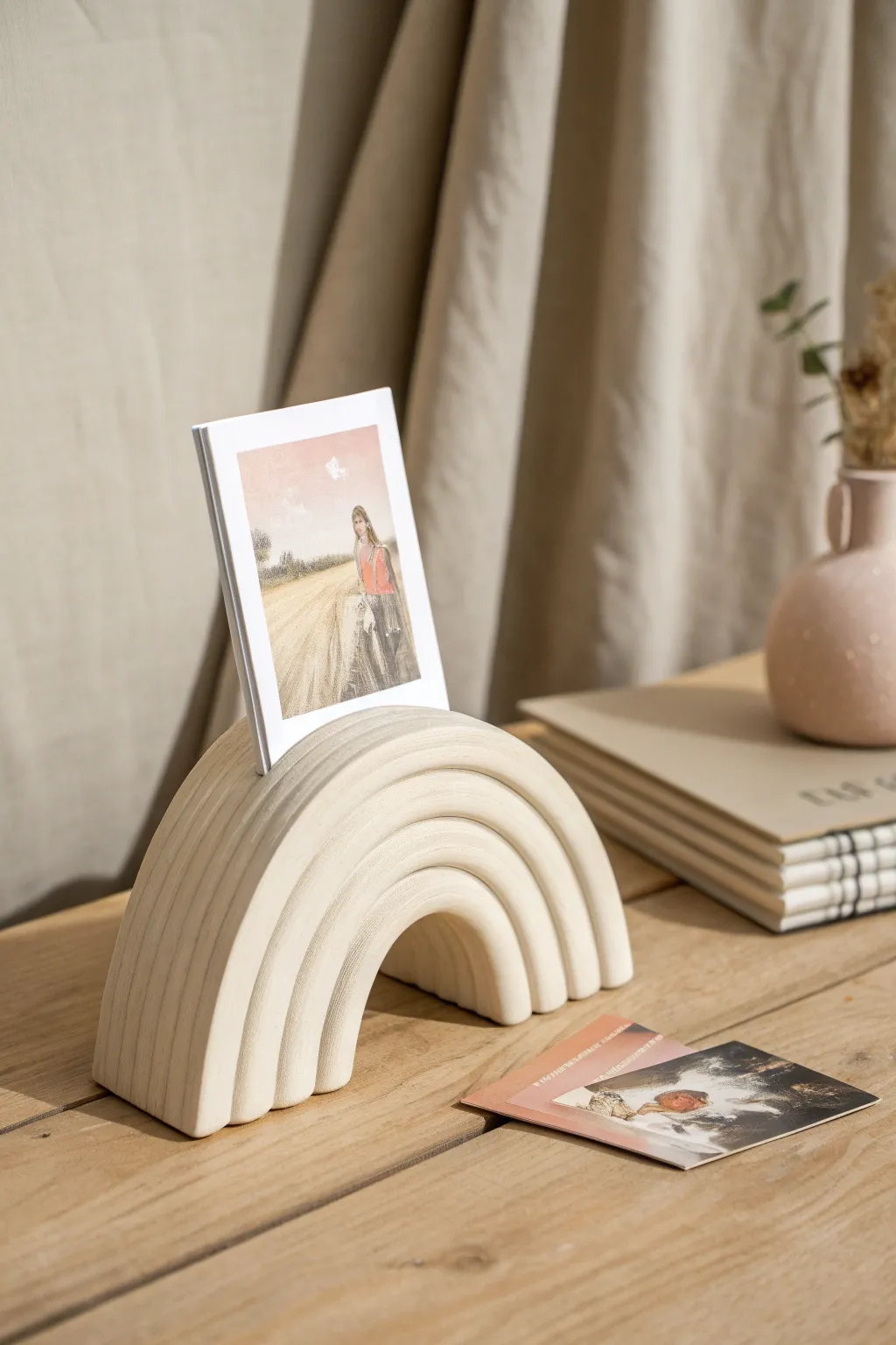 Gift-ready clay photo stand in soft cream, Scandinavian minimal with a hint of boho charm.