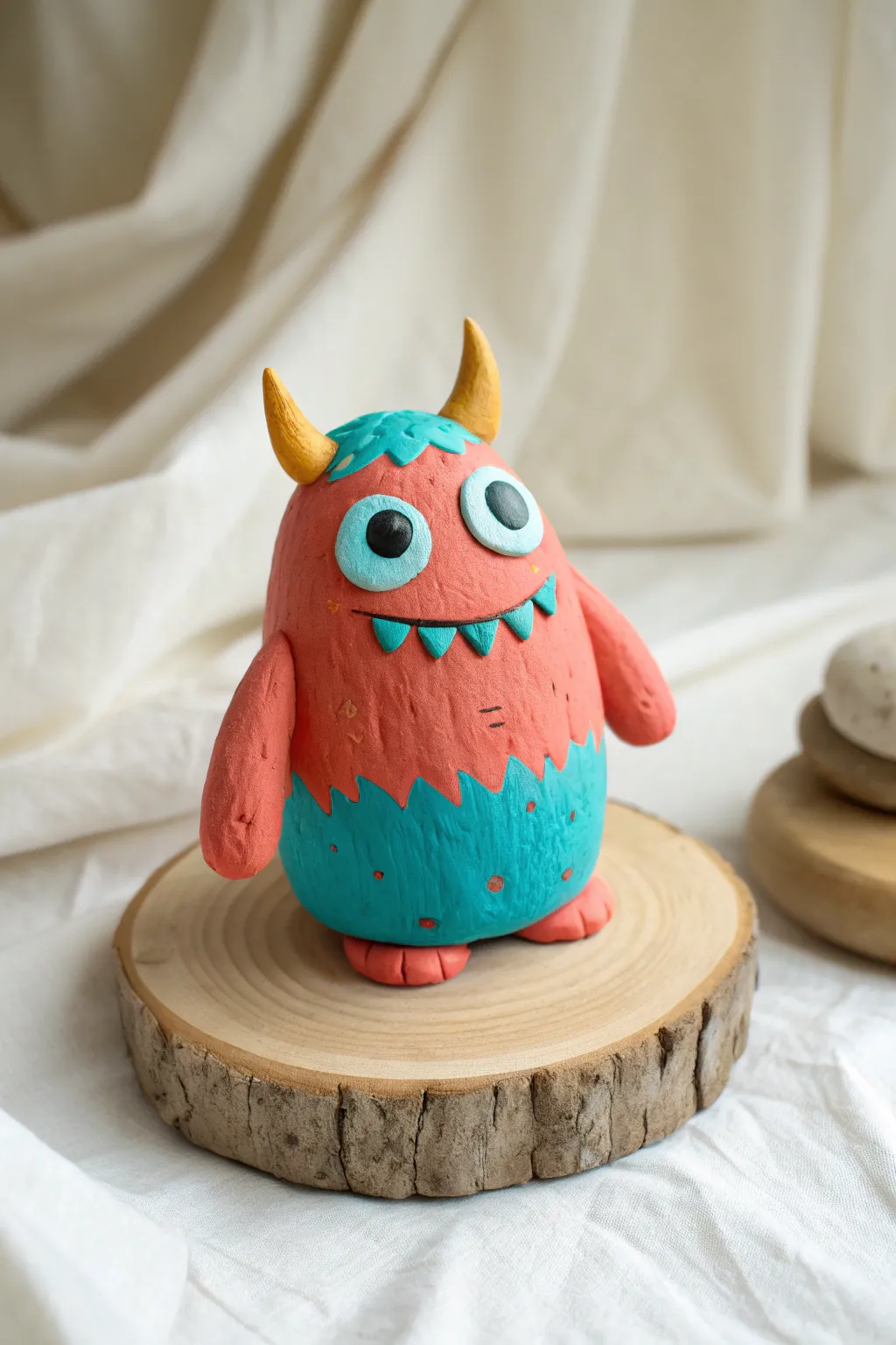 Silly mix-and-match clay monster with bold eyes and tiny horns, perfect for kid makers.