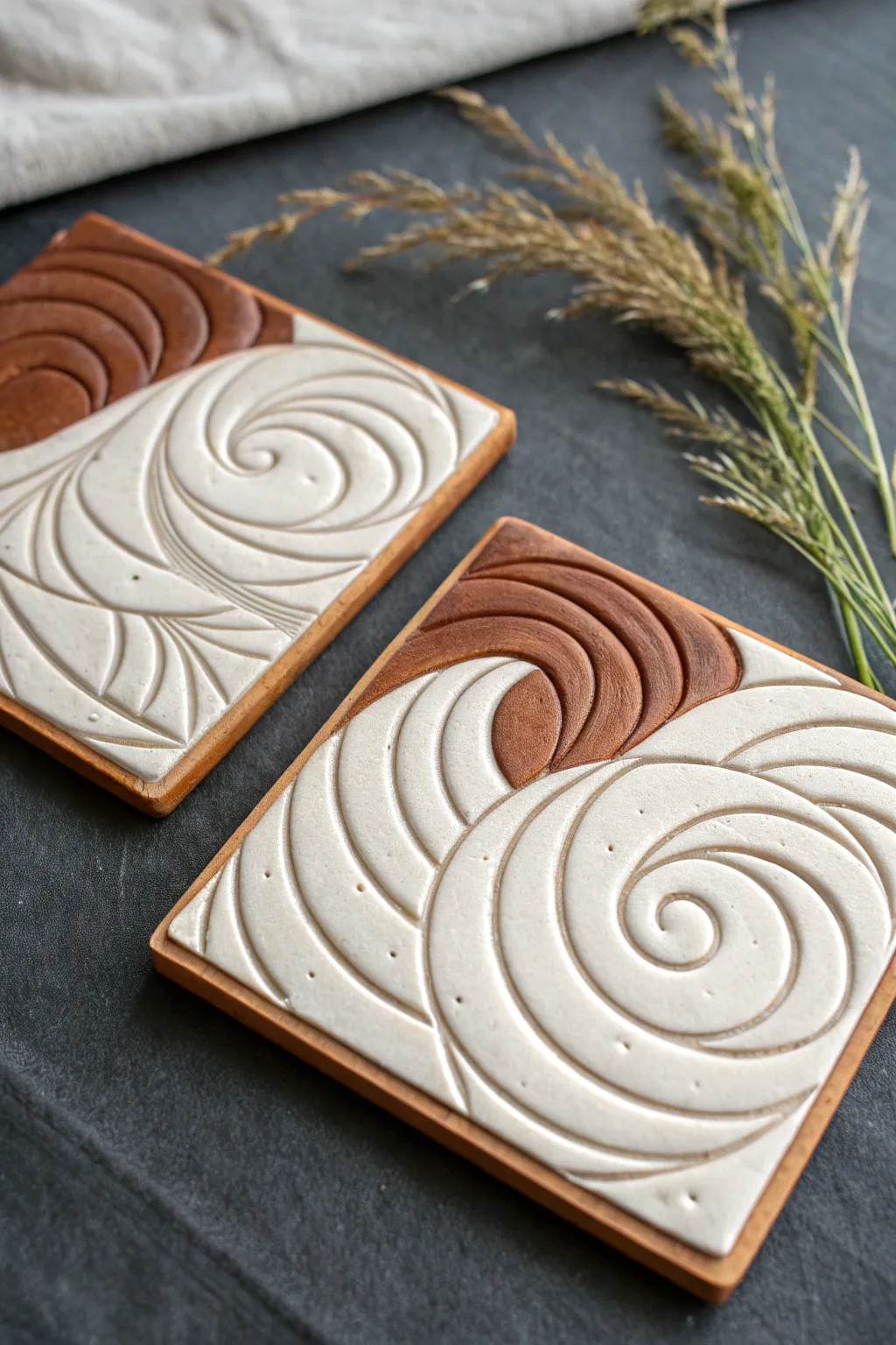 Minimal wave relief tile for a class mural, simple raised shapes and soft Scandinavian tones.