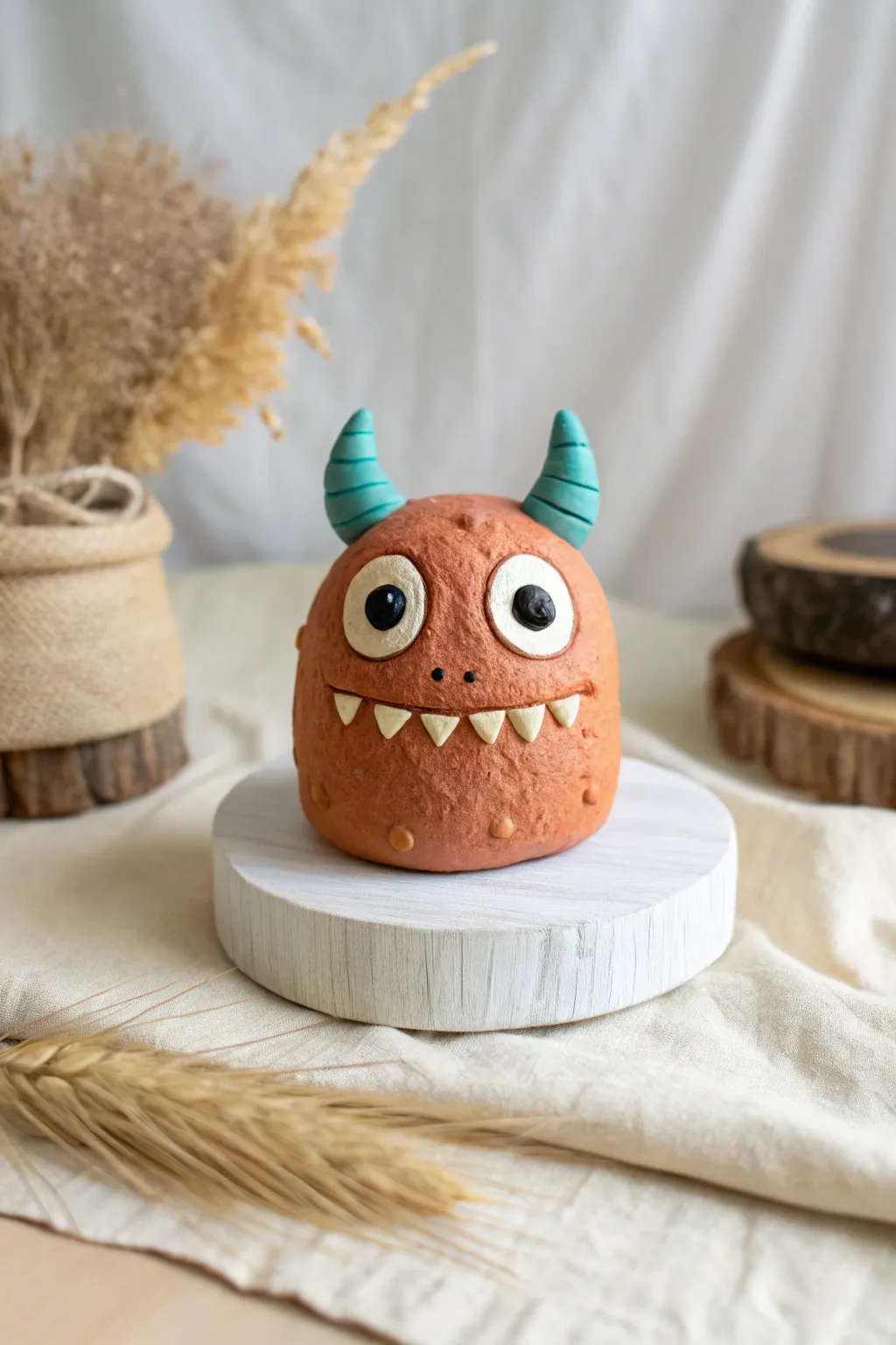 Tiny clay monster head with big eyes and bold colors, a playful minimalist sculpture idea