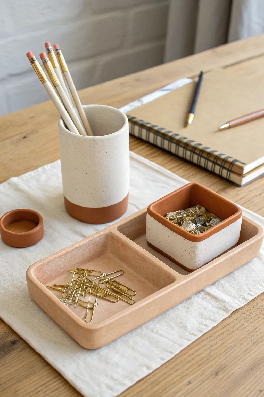 Minimal clay desk organizer set in soft neutrals, handcrafted calm for a tidy workspace