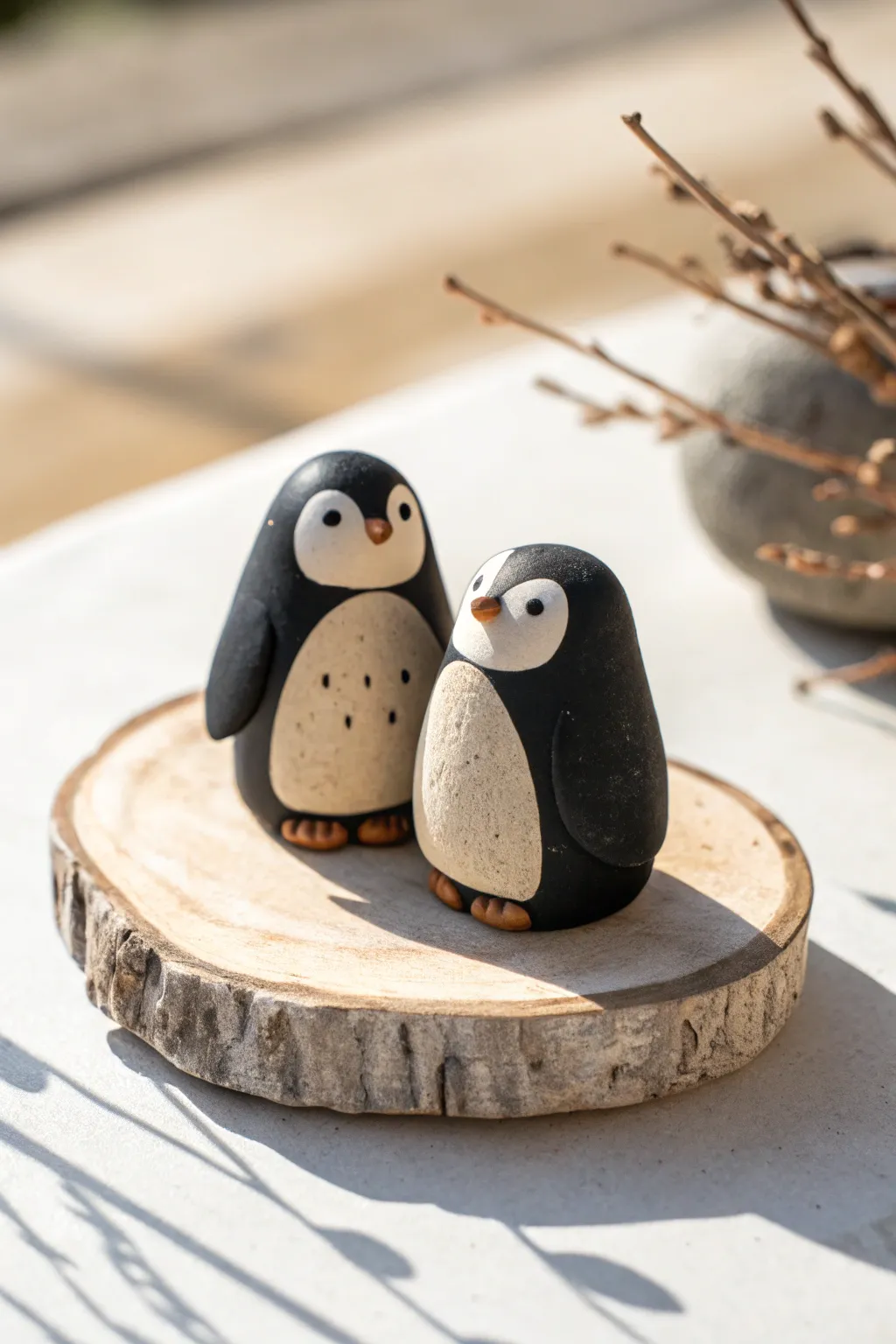 Cute oval clay penguin duo with bold contrast and minimalist Scandinavian charm for your shelf