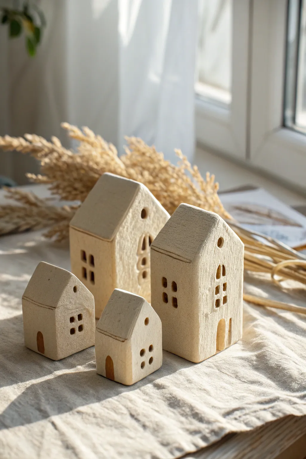 Simple slab-built mini house village in soft clay tones, minimal and cozy for display