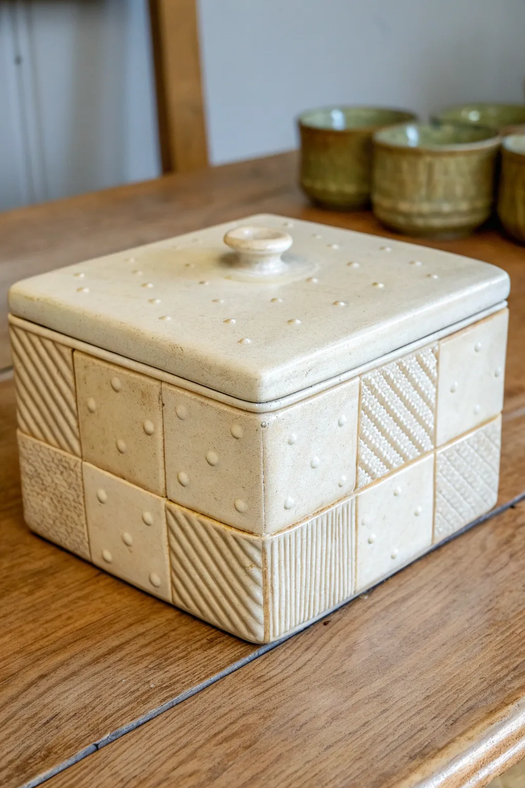 Patchwork-textured slab box with a clear glaze to showcase linen, dots, and line stamps.