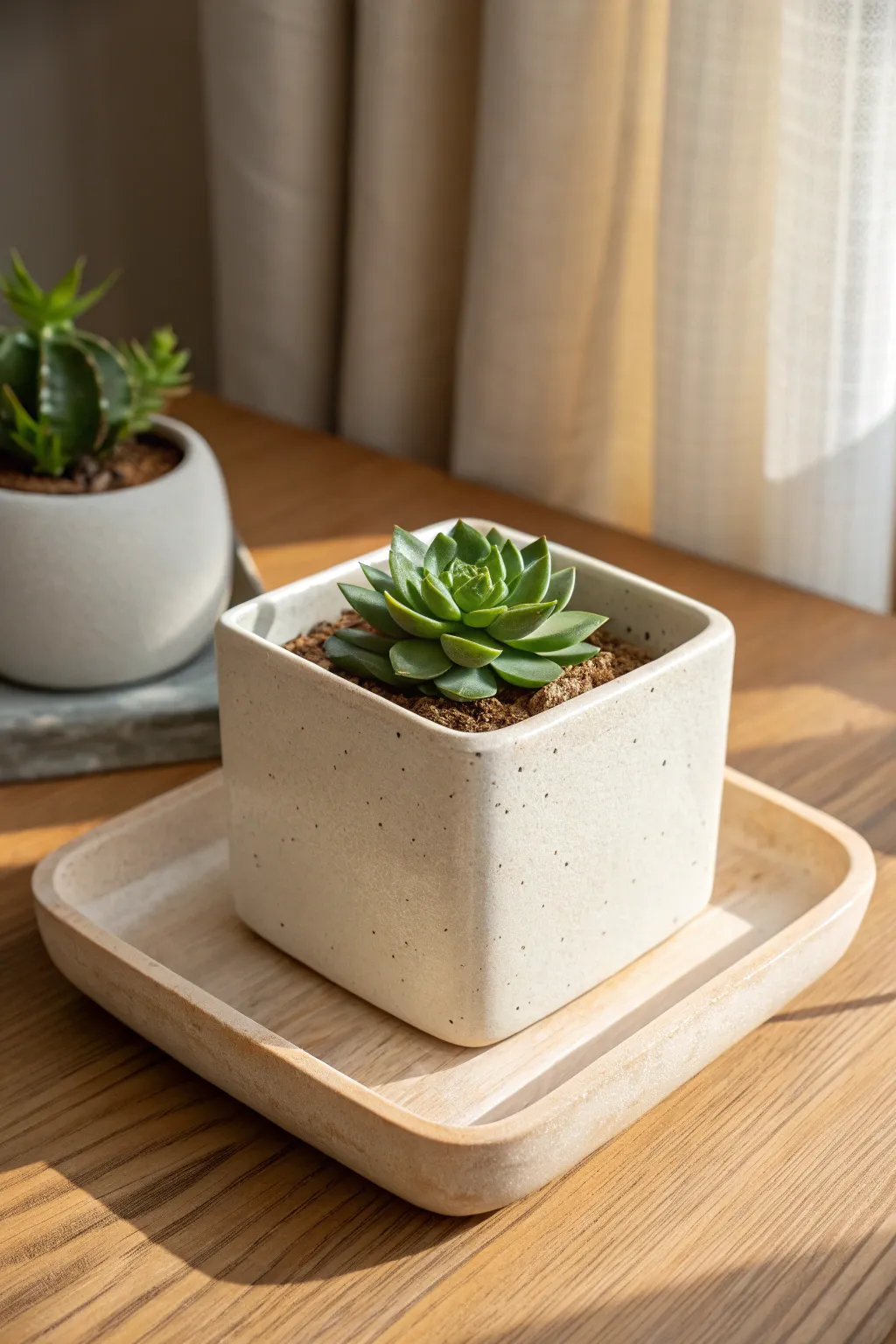 Clean-edged slab planter with matching tray, simple shape and natural texture for modern spaces.