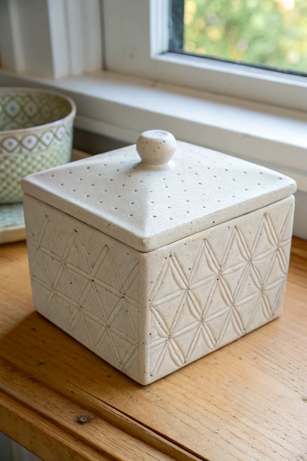 Stamped slab box with clean lines and repeating texture, finished with a simple lid and knob