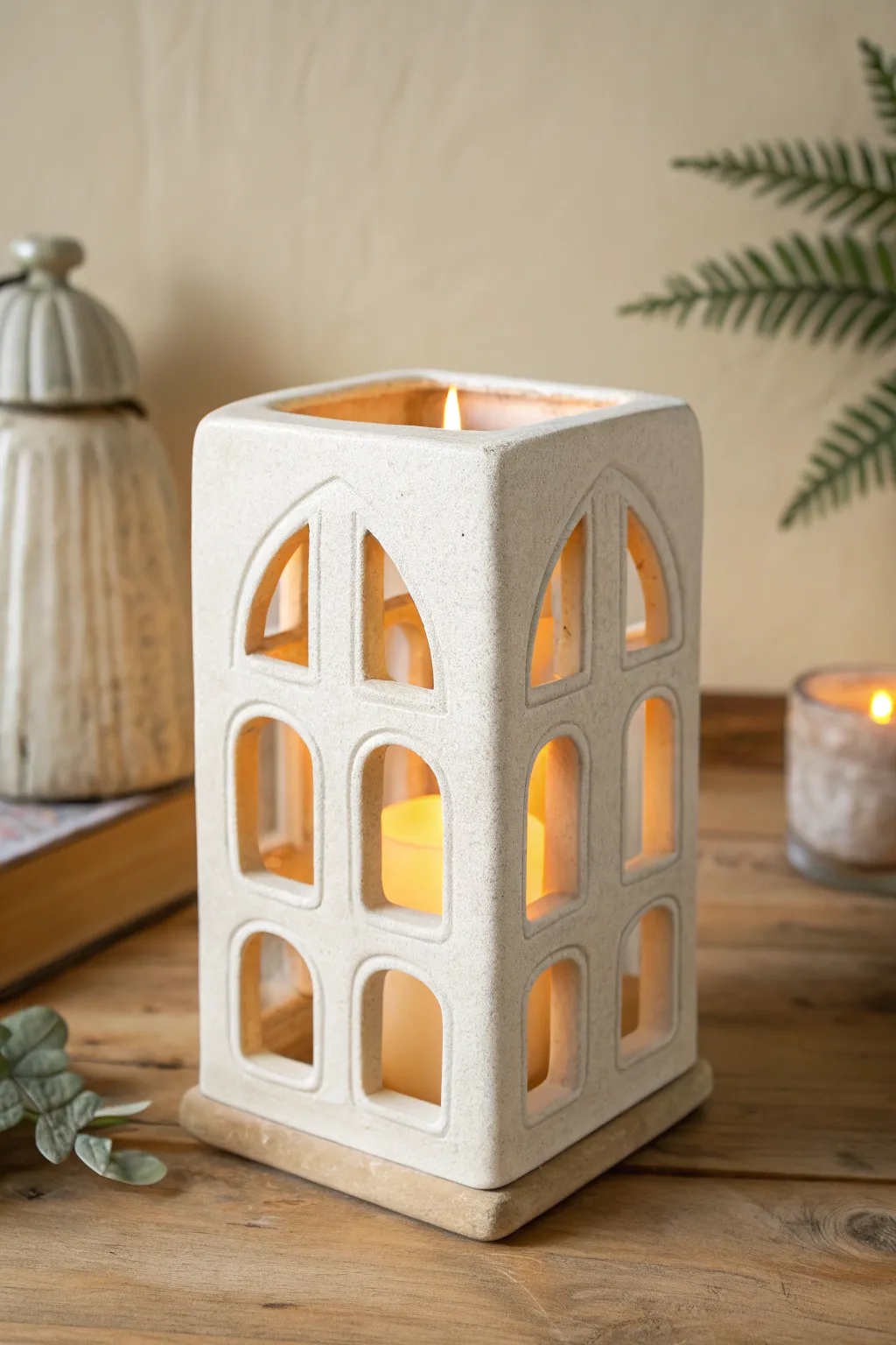 Arched cutout slab lantern with warm glow and bold window shadows in a calm minimalist look