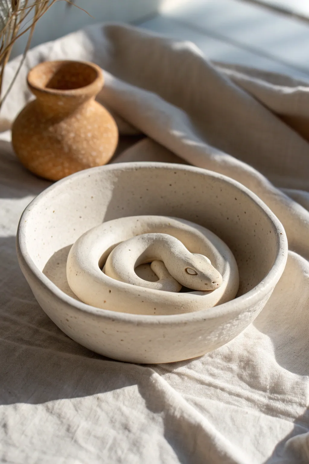 A cozy clay snake curled up in a tiny pinch pot bowl, styled in warm minimalist tones.