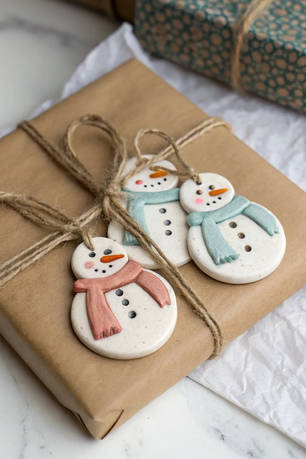Minimal clay snowman gift tag charms with soft scarf colors, styled on kraft paper wrap