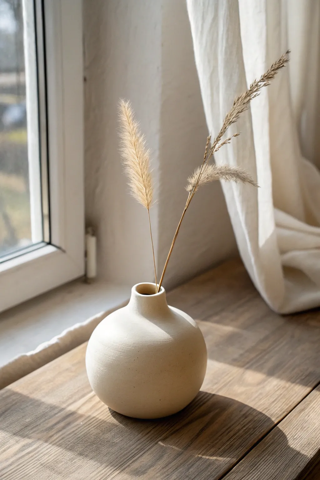 Minimal sphere bud vase with tiny neck, single stem, soft neutrals and glossy contrast.