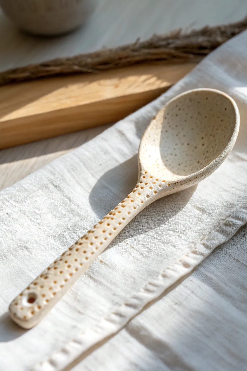 Minimal ceramic spoon with dotted grip handle, side-lit to highlight texture and craftsmanship