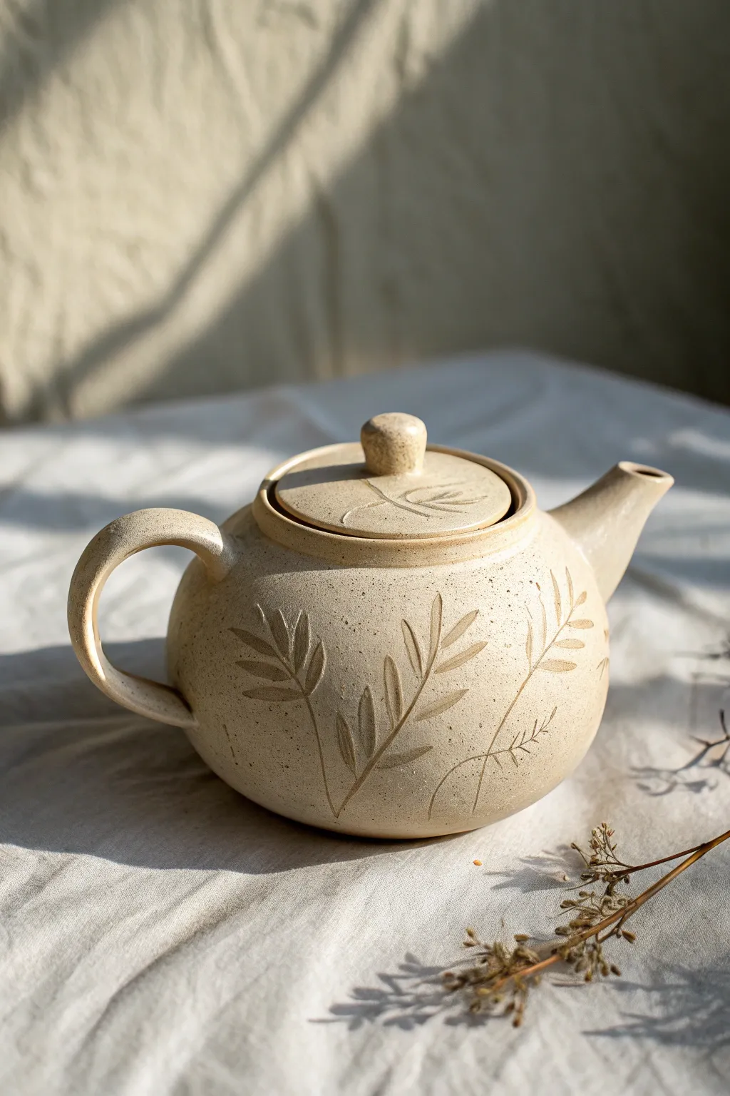 Botanical leaf-impressed clay teapot in soft daylight, highlighting handmade texture and glaze.