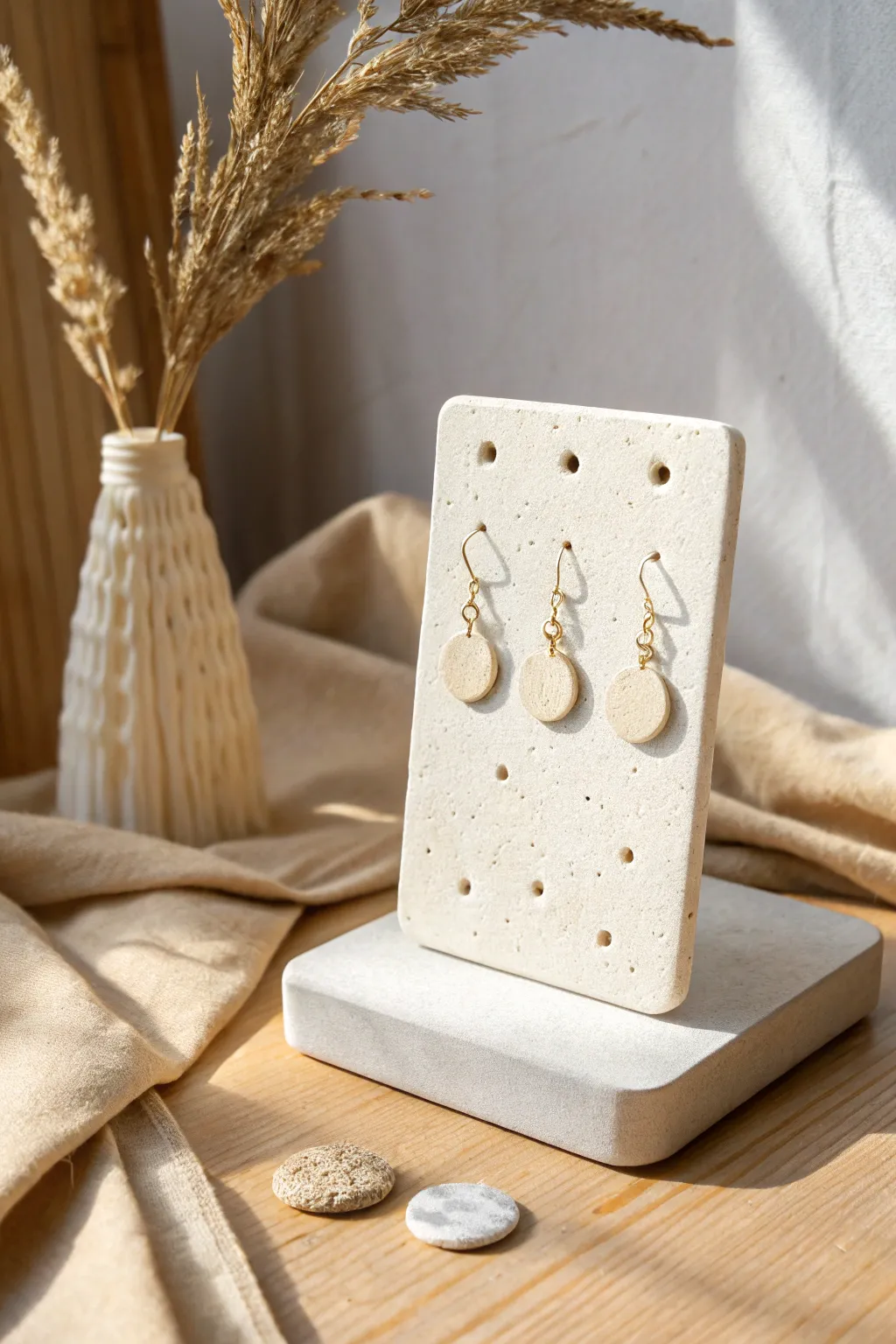 Minimal clay tile earring stand with tidy holes, a calm way to display your favorite pairs.