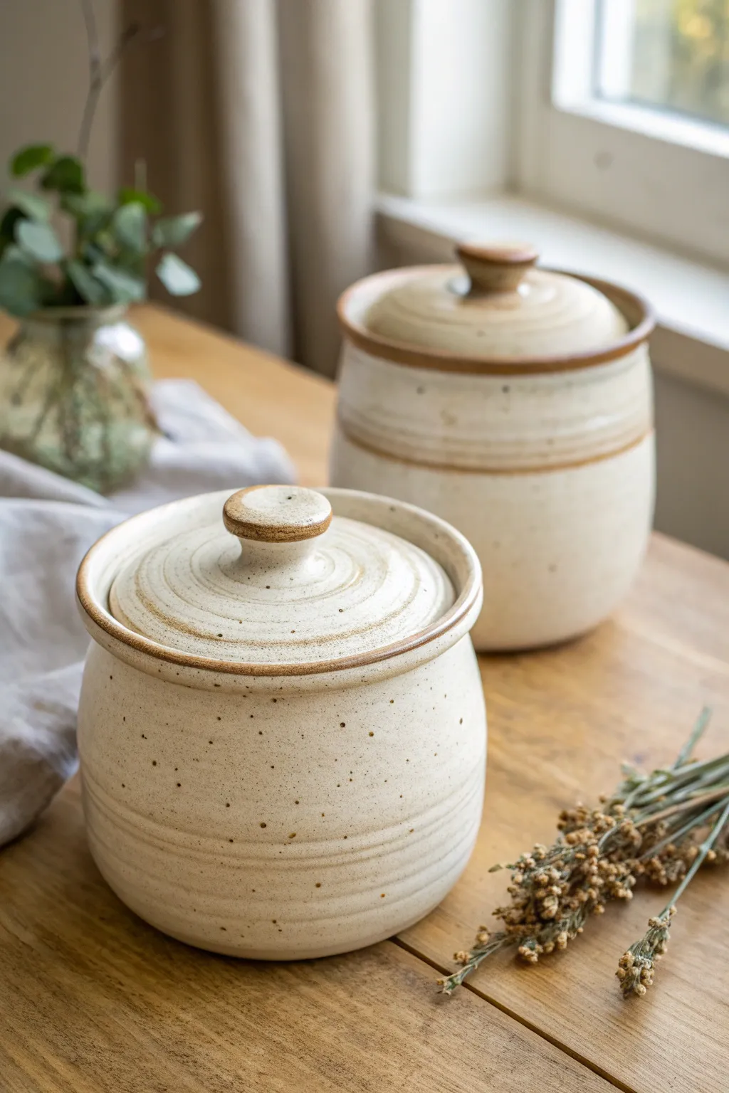 Wheel-thrown lidded jars: one closed, one gently lifted to show a clean, snug-fitting lid.