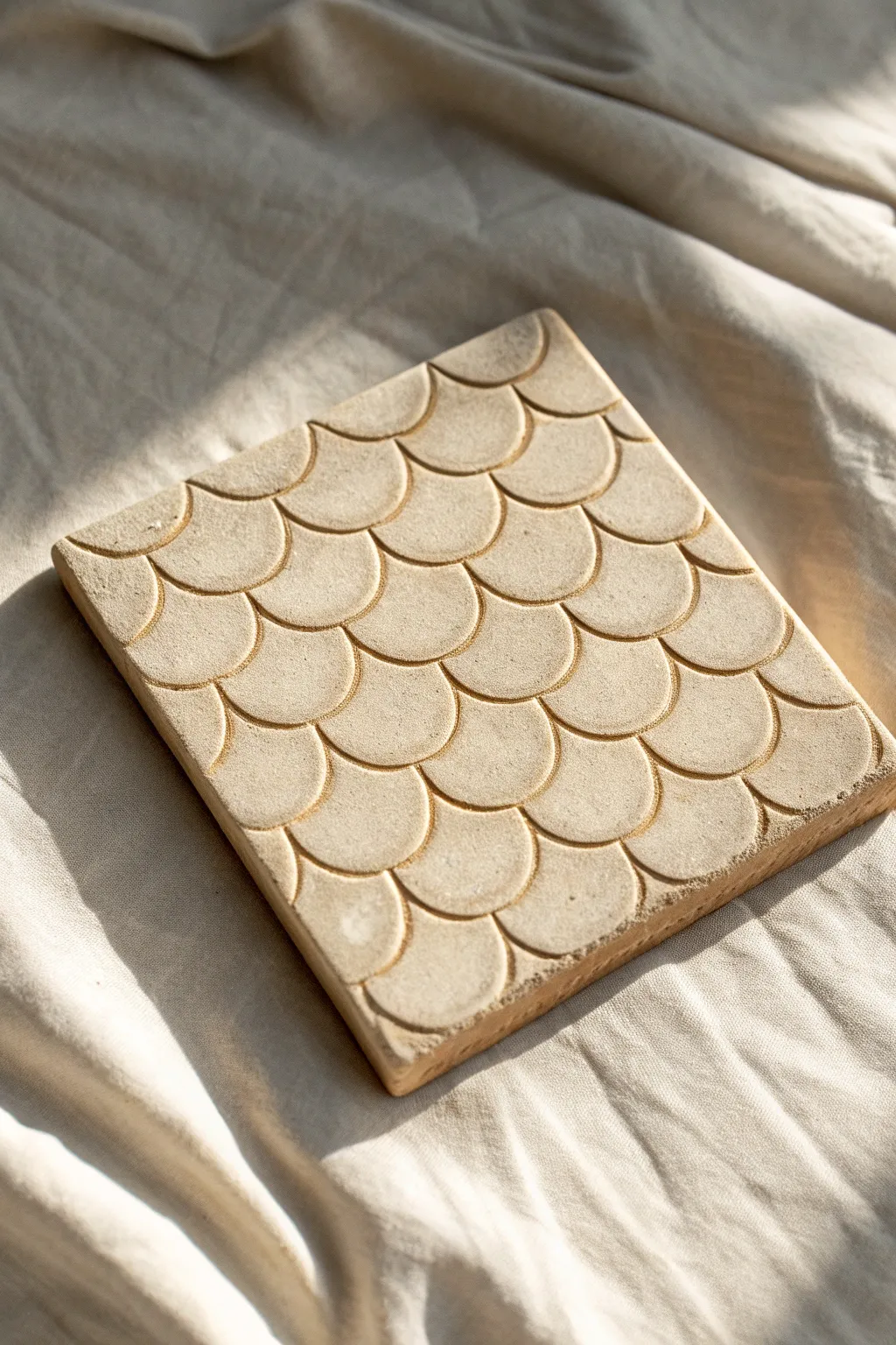 Minimal fish-scale texture tile in warm ivory clay, crisp shadows reveal the depth and rhythm.