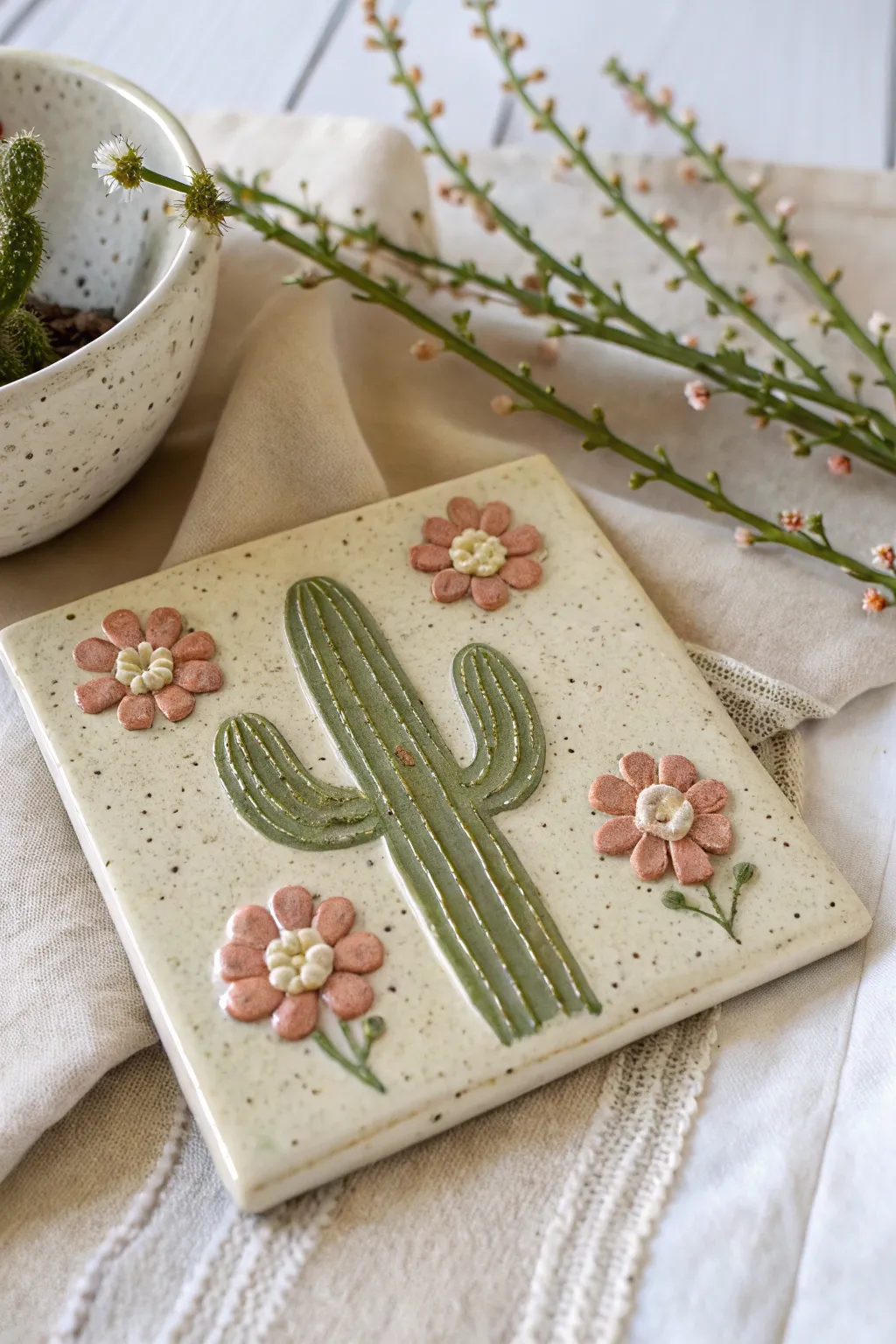 Minimal cactus garden clay tile with raised blooms, glossy glaze, and soft boho neutrals.