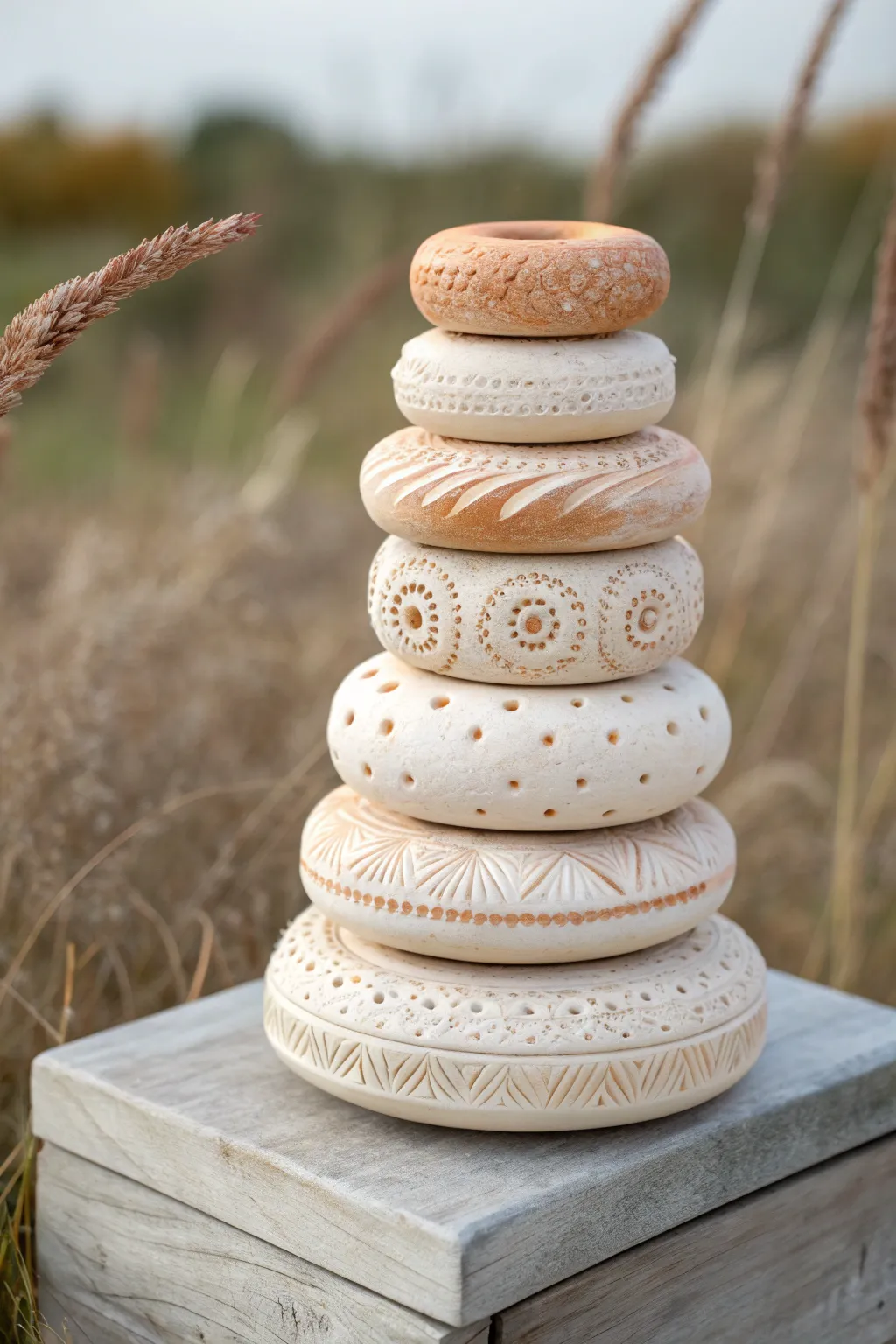 Textured disc-and-donut clay totem in soft neutrals, minimal yet beautifully handcrafted.