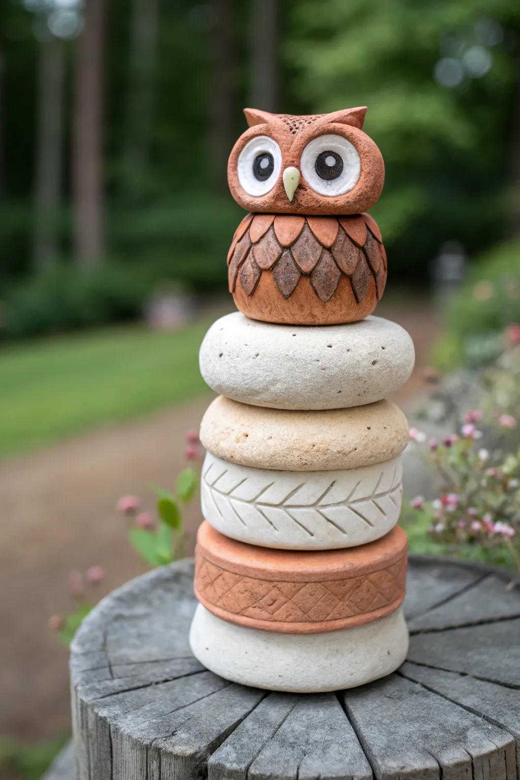 Minimalist clay owl totem with big eyes, calm spacers, and a warm natural garden feel