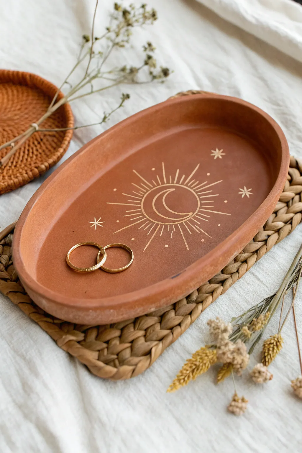 Terracotta sun and moon tray with minimalist line art, styled with a ring and dried blooms