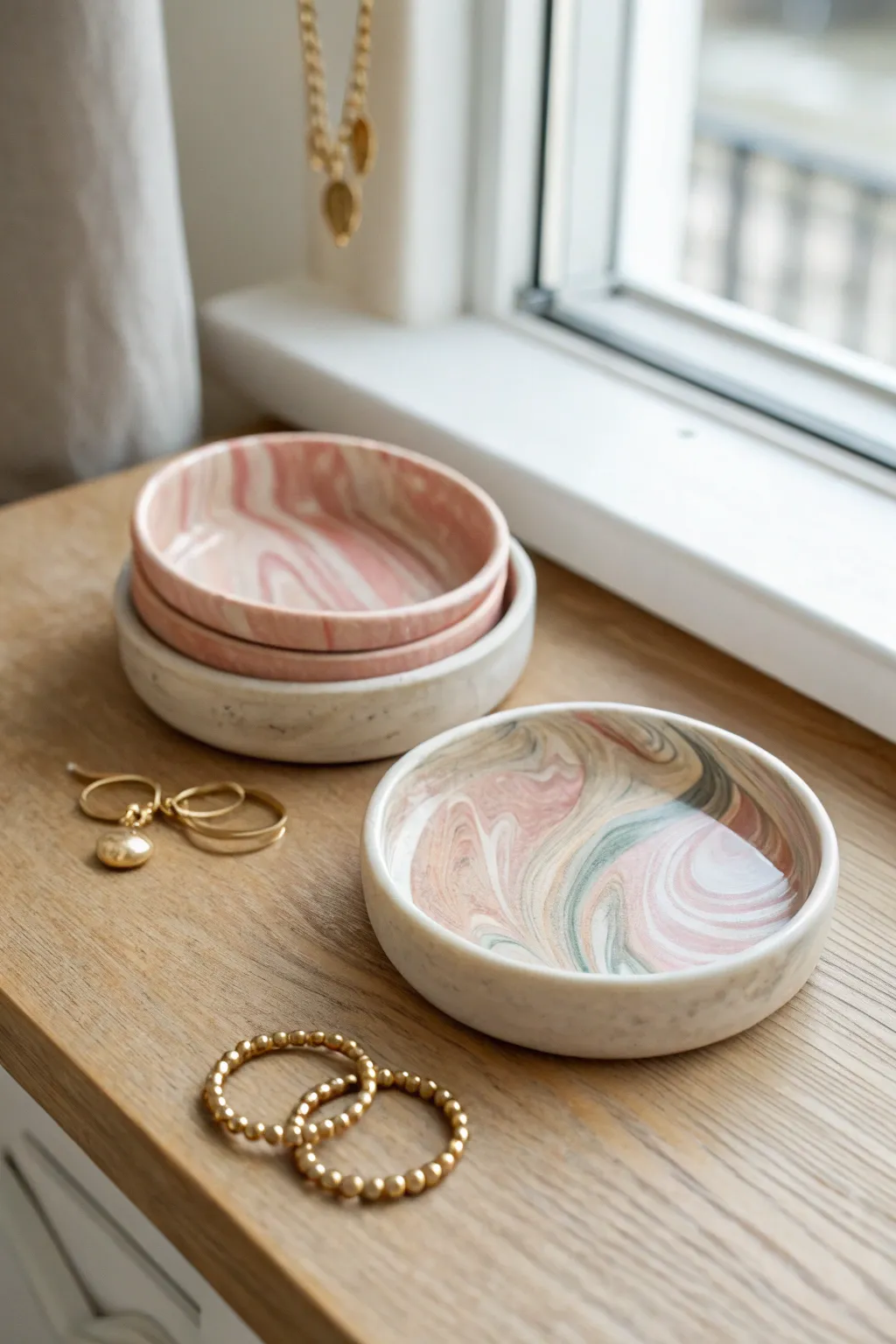 Soft marbled swirl clay tray stack with minimal jewelry, Scandinavian calm with a boho touch