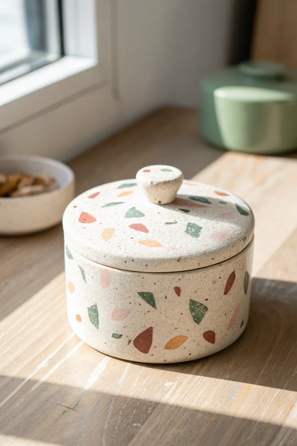 Soft terrazzo speckled trinket box in blush and sand tones, minimalist and handmade charm.