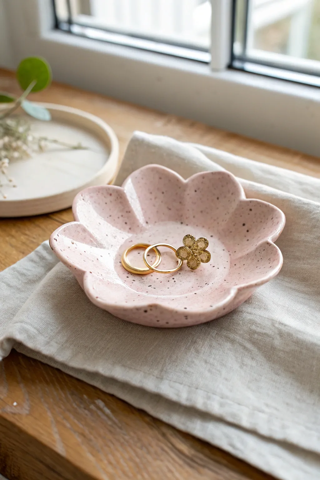 Soft pastel flower trinket dish with rounded petals, perfect for rings and tiny earrings.