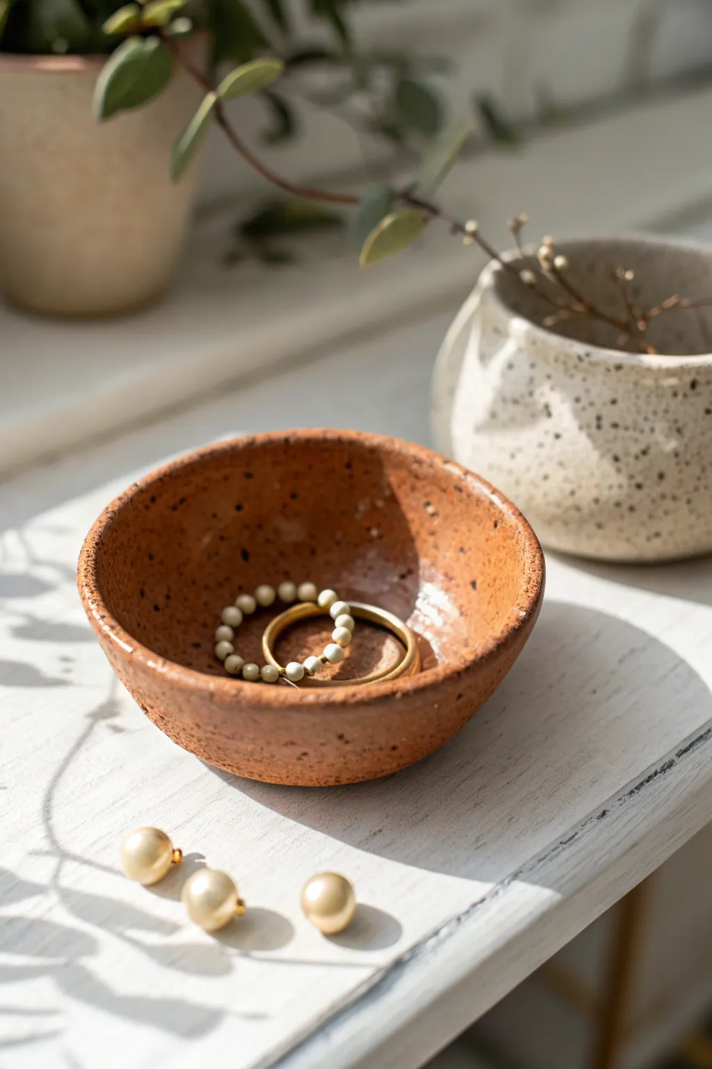 Tiny pinch pot trinket bowl with finger texture, styled simply with rings and beads in soft light