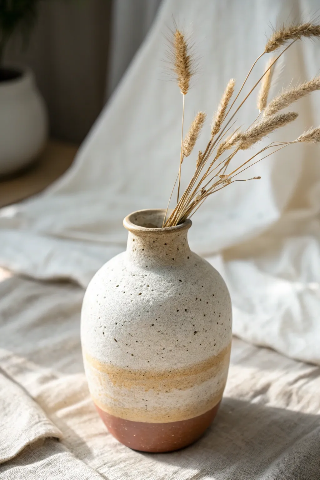 Chalky matte textured vase with bunny-tail grass in soft neutral Scandinavian boho style