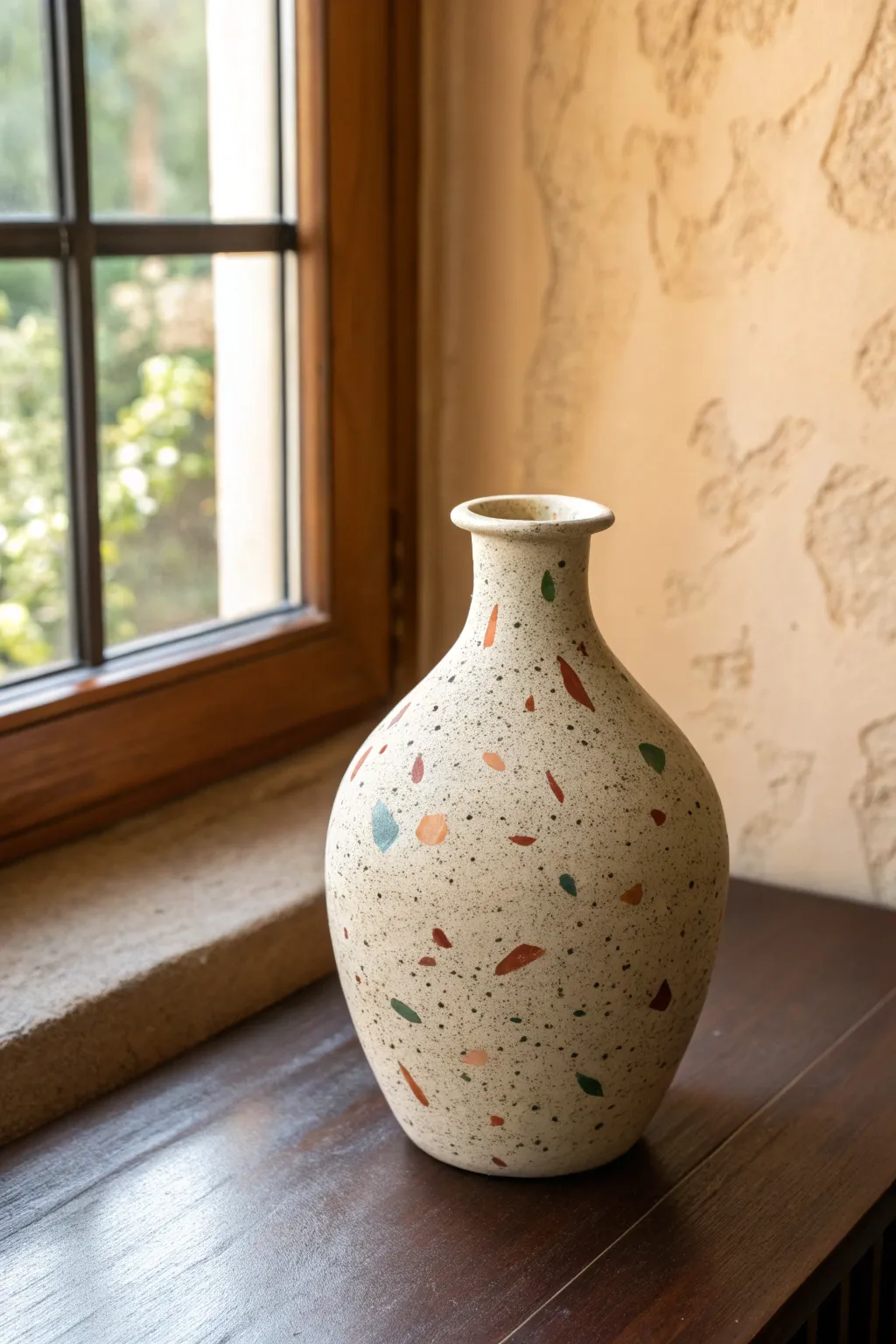 Terrazzo speckle vase: an easy modern paint idea that adds playful color to matte clay.