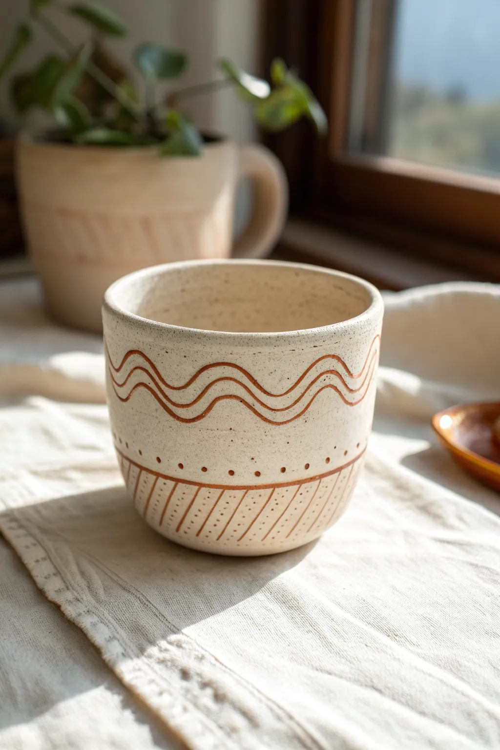 Simple sgraffito cup vessel with carved lines and earthy contrast for a calm, modern shelf.