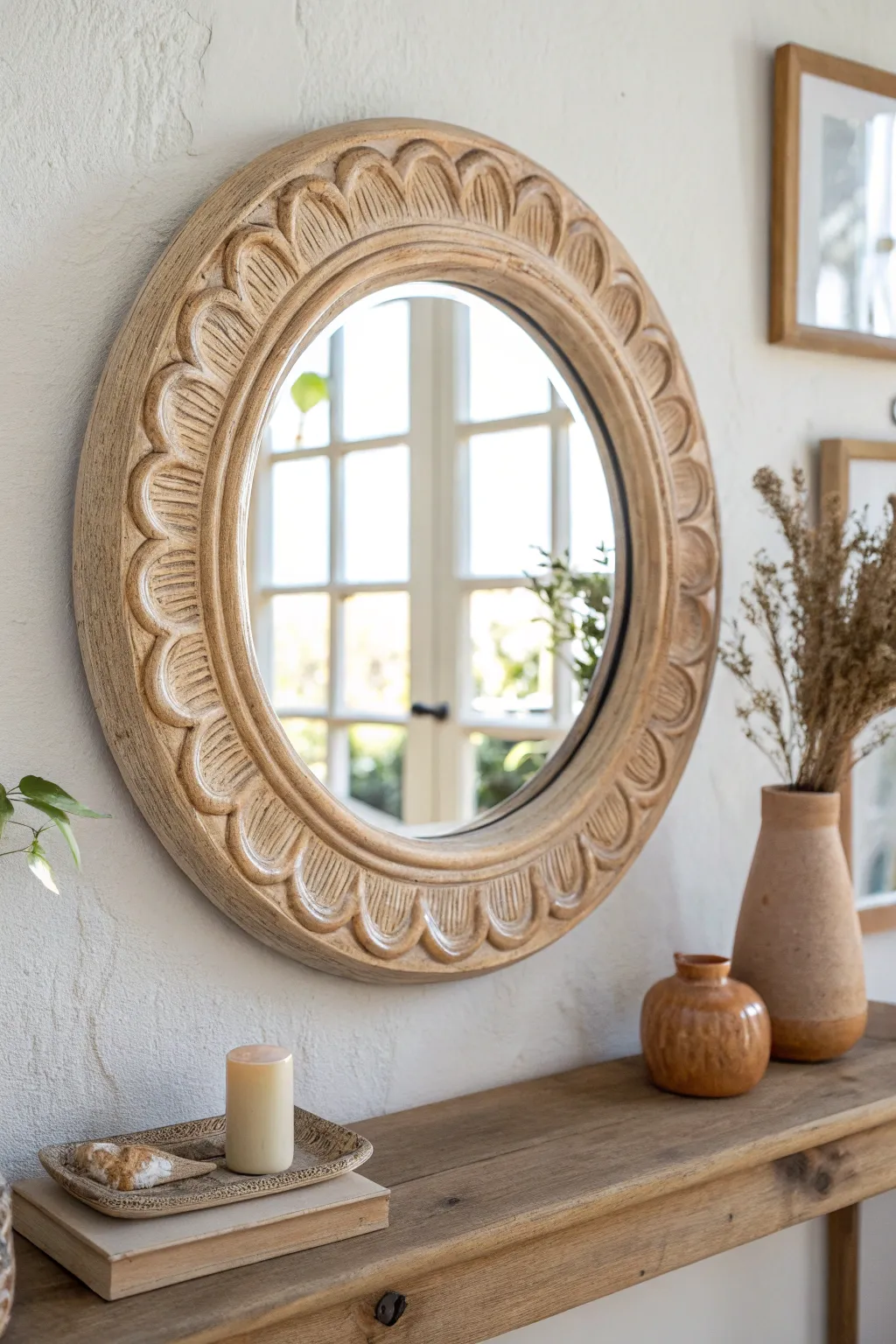 A glossy wavy clay-framed mini mirror that adds soft, handmade texture to any wall