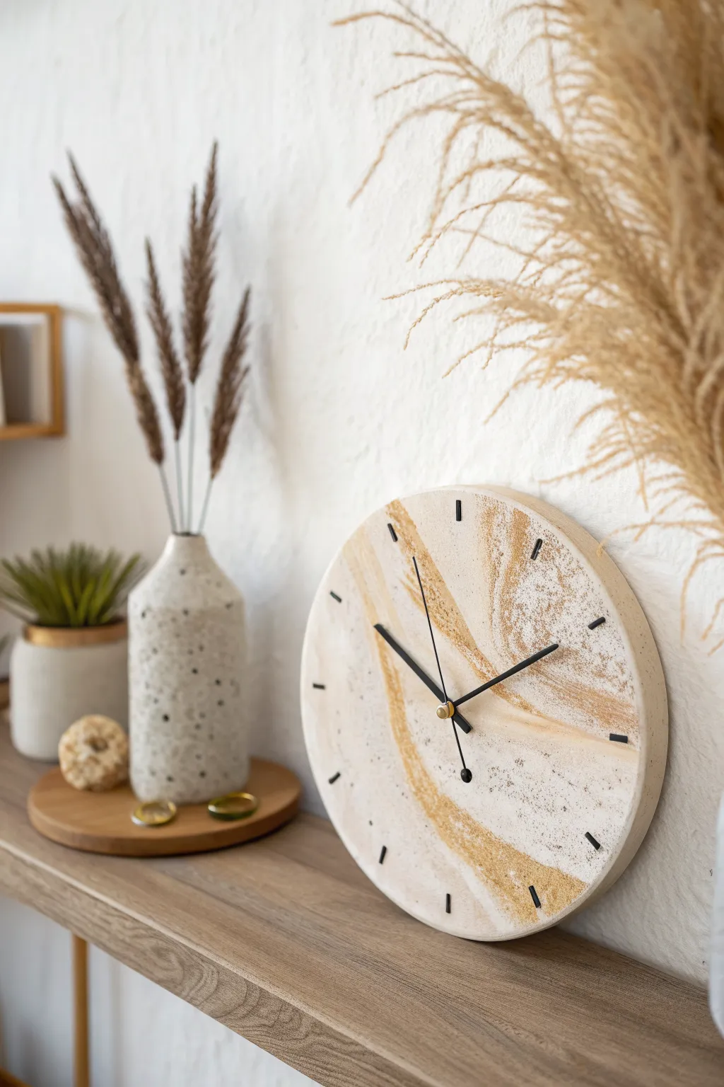Minimal polymer clay clock face with soft marbling and brass dots for a calm wall accent