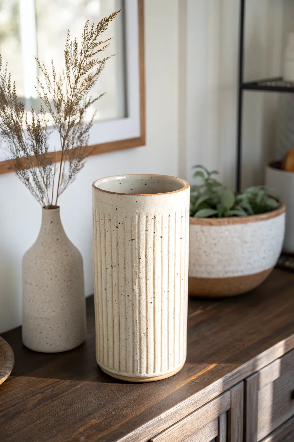 Minimalist wheel-thrown utensil crock with vertical texture, perfect for a calm Nordic kitchen