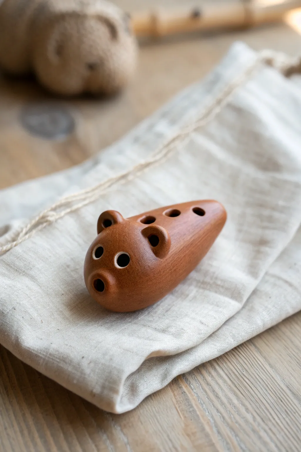 Tiny bear clay whistle with minimal paws in warm brown glaze, simple, sweet, and handmade