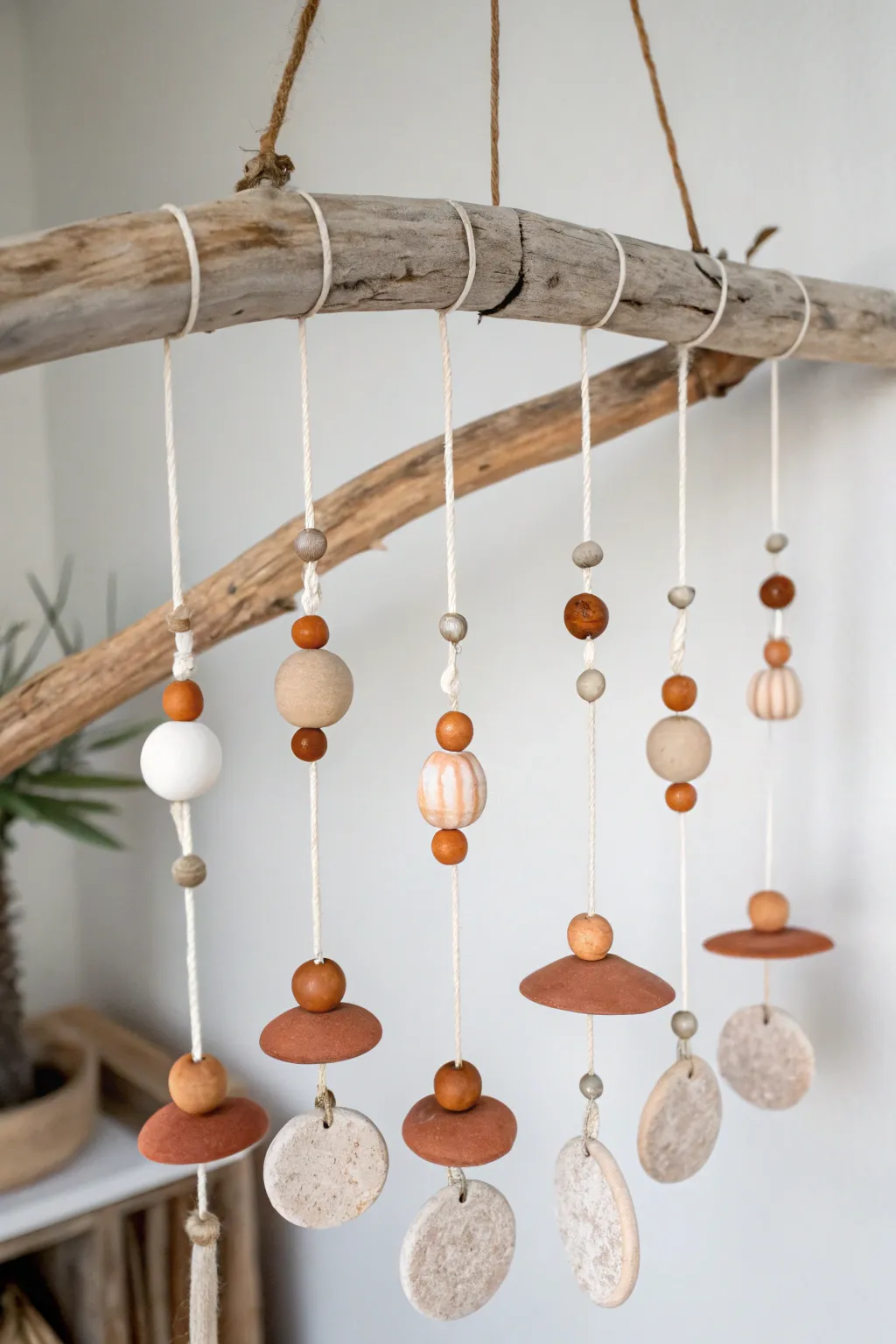 Driftwood-topped clay wind chime with mixed dangles in soft beachy neutrals