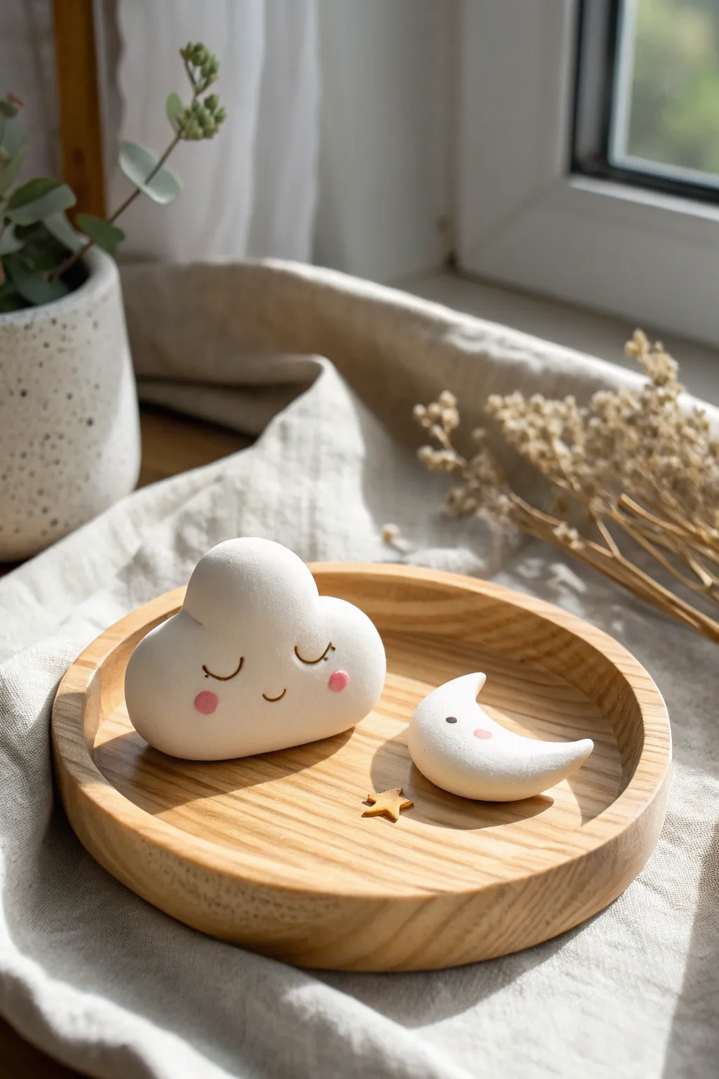 Soft pastel sleepy cloud and crescent moon minis with minimalist Scandinavian-boho charm