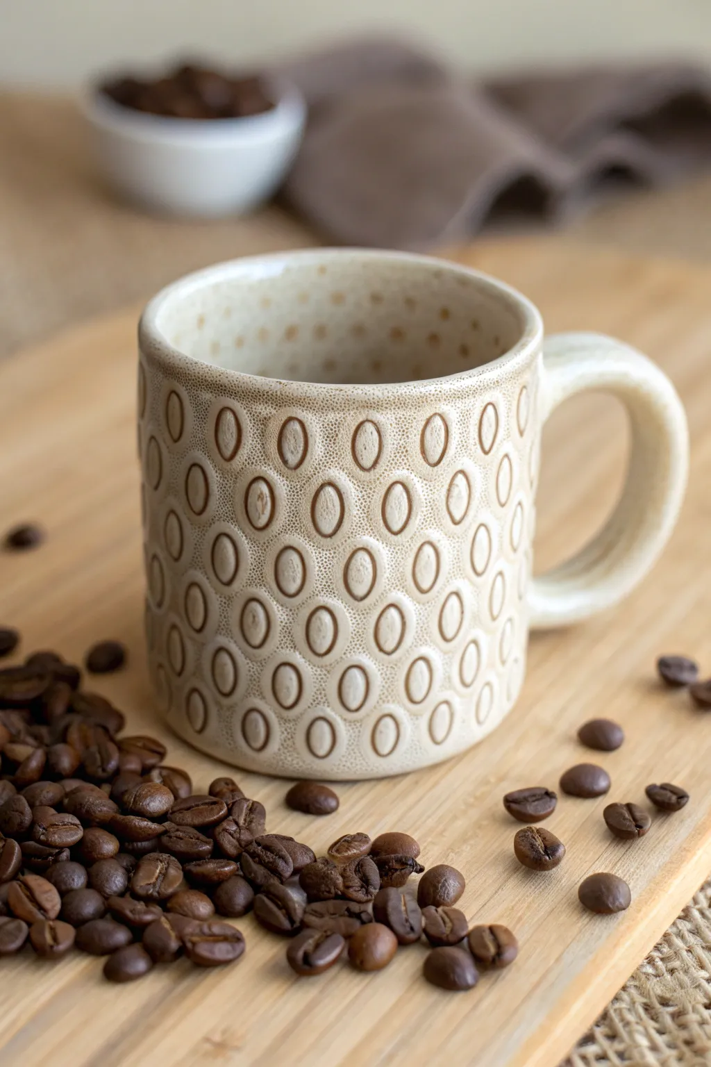 Minimal stoneware mug with an all-over coffee bean pattern, simple, cozy, and handmade
