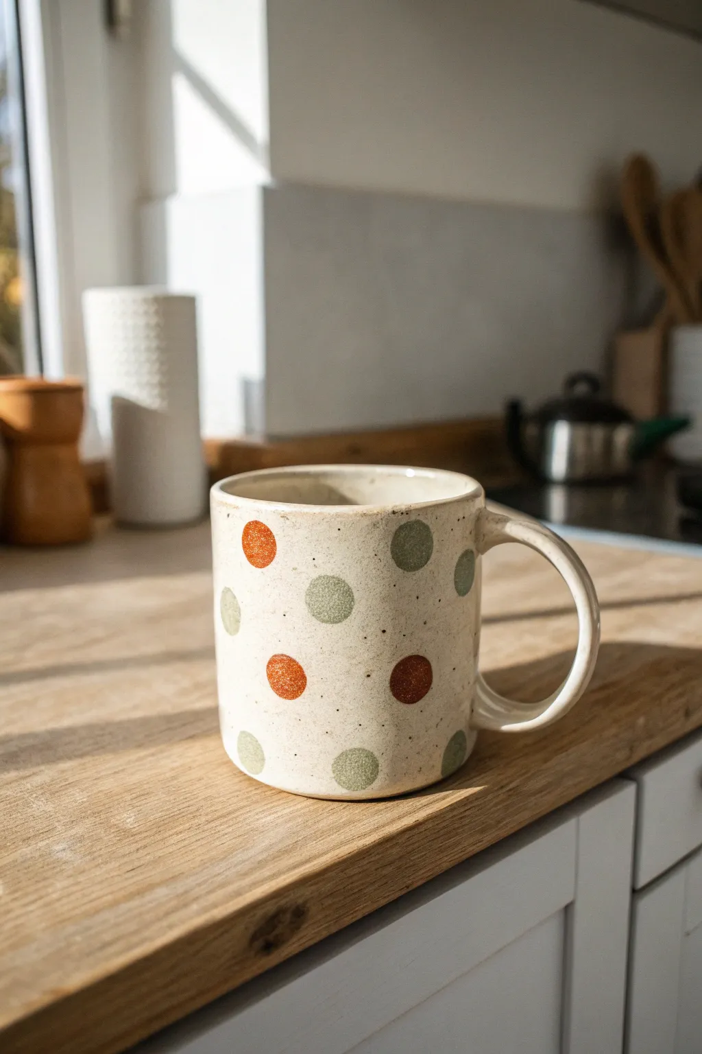 Classic polka dot mug with big and tiny dots in soft tones, minimalist boho kitchen styling