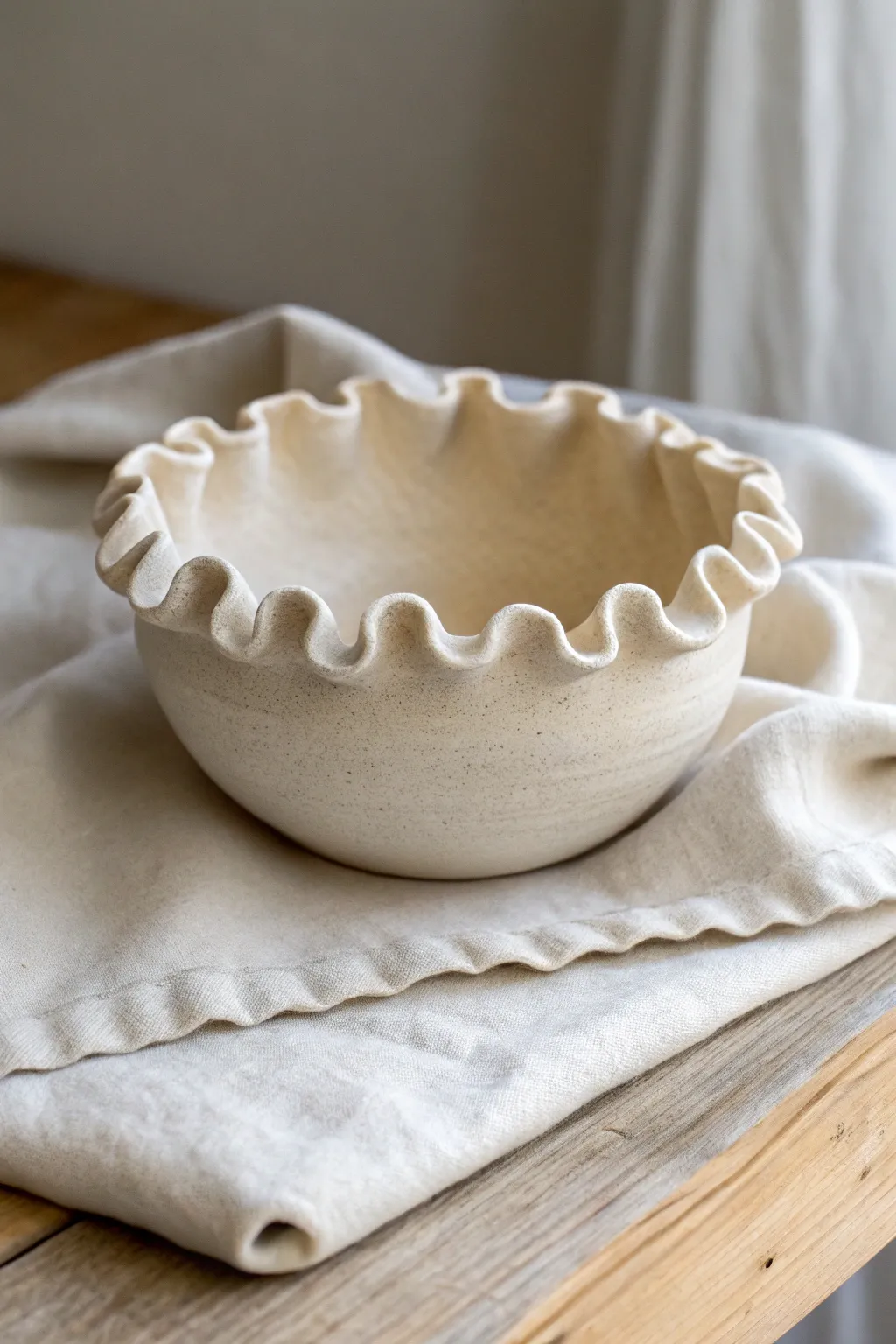 Wavy rim coil pinch pot bowl with soft handmade curves and a light, easy-to-copy shape