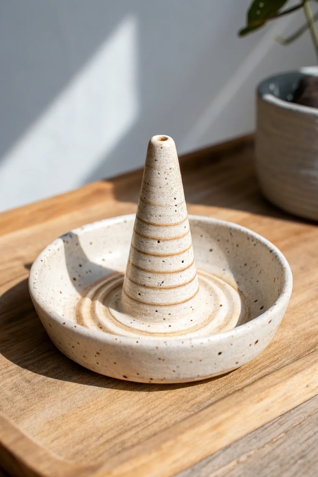 Beginner-friendly coil ring holder dish with spiral cone, minimalist and handmade charm.